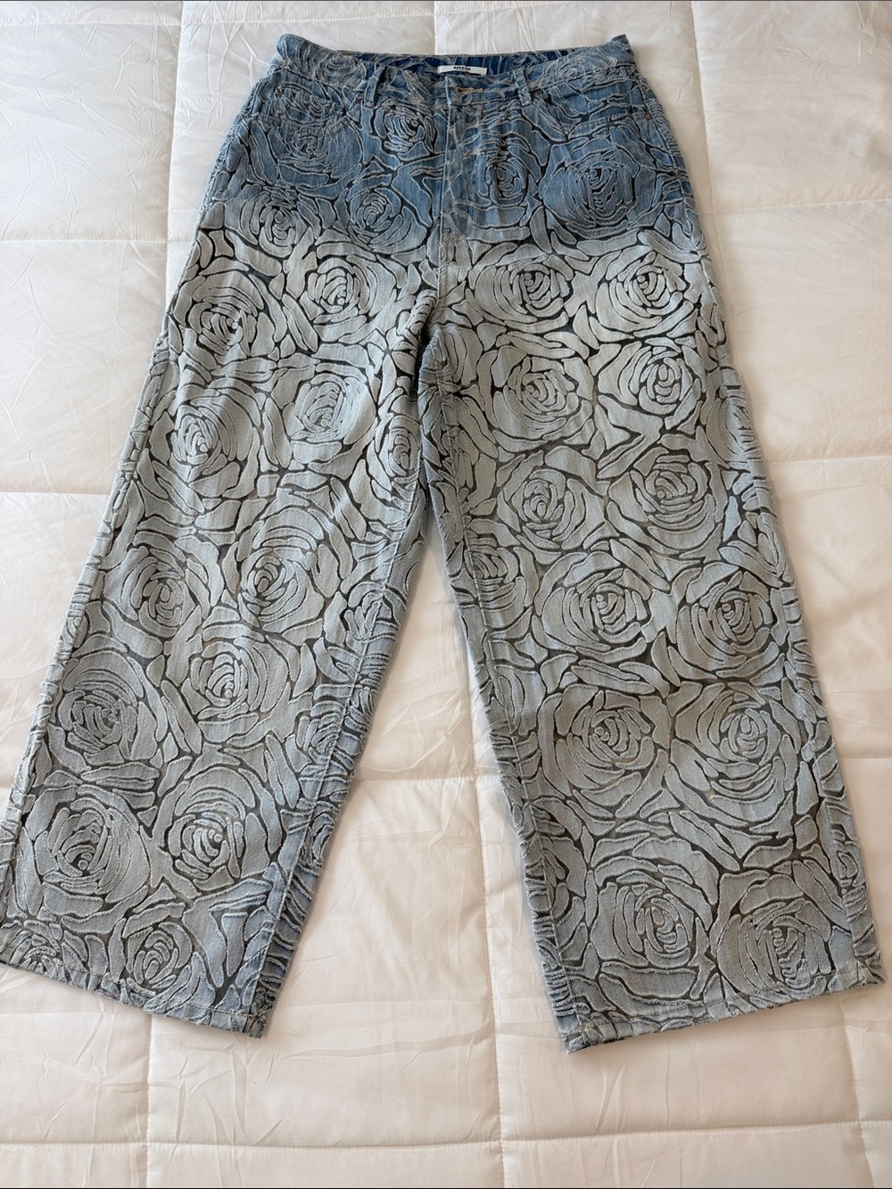 Women’s Bayeas Denim Wide Leg High Rise  Rose Print Mesh Cutout Size 31
